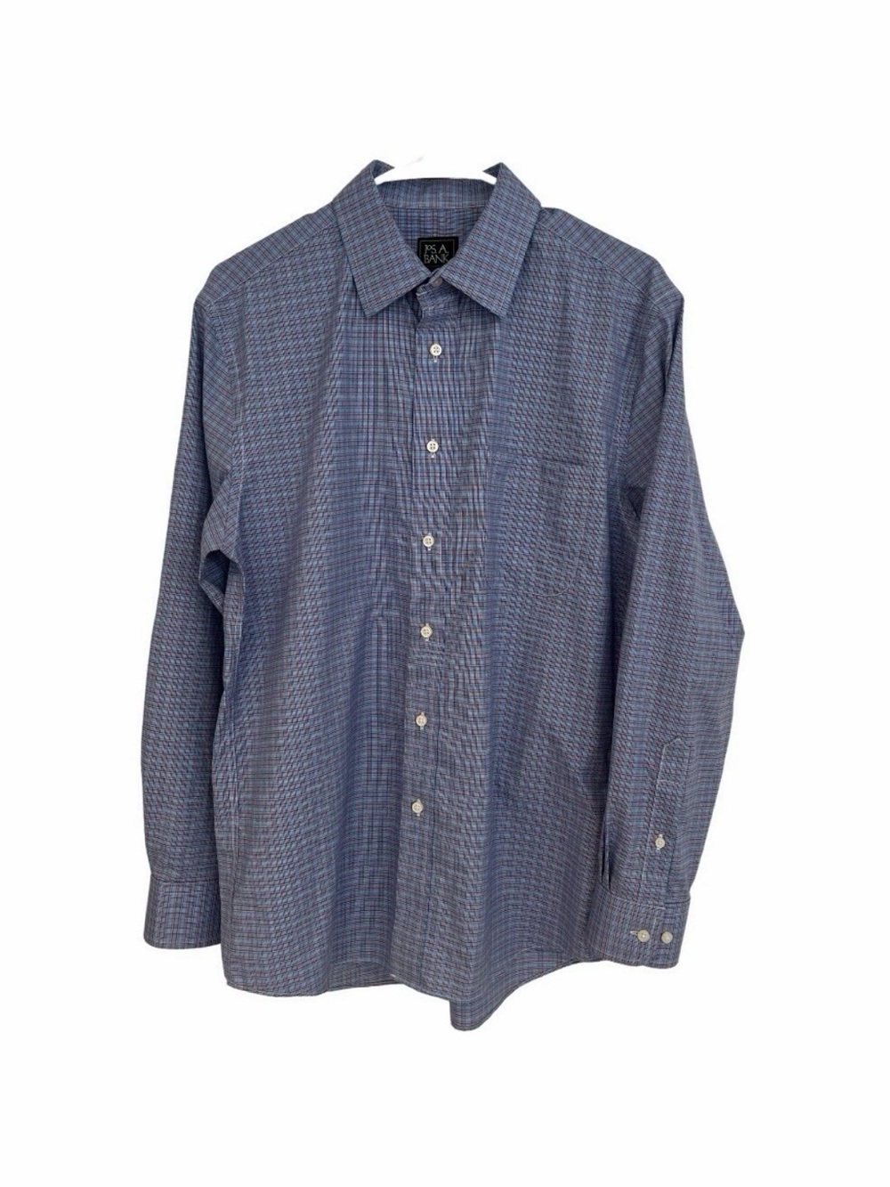 JoS A Bank Mens M Traveler Button Up Shirt Tailored Fit Blue Plaid Cotton